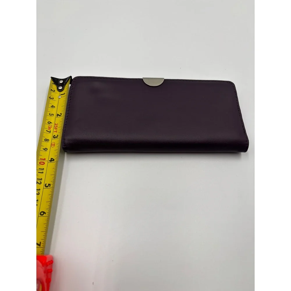Purple Genuine Leather Slim Clutch Wallet with ID Window and Zipper Pocket